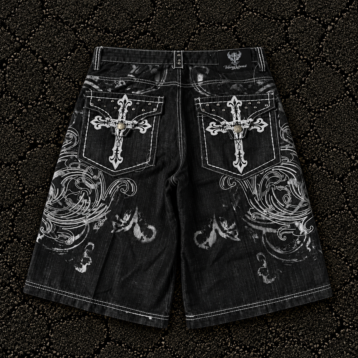 Gothic Cross Embroidered Jorts